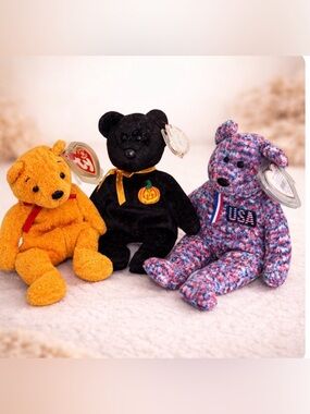 #206 Ty Beanie Babies Bear Bundle (3) USA 🇺🇸 Haunt 🎃 Poopsie 🍯 2000–2001 w/ Tags